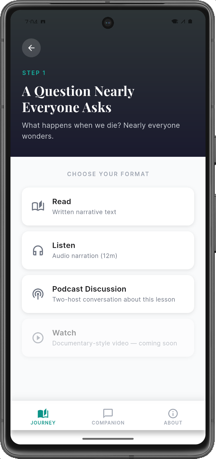 The You Can Know app, open to Step 1: A Question Nearly Everyone Asks, with options to Read, Listen, or hear a Podcast Discussion.